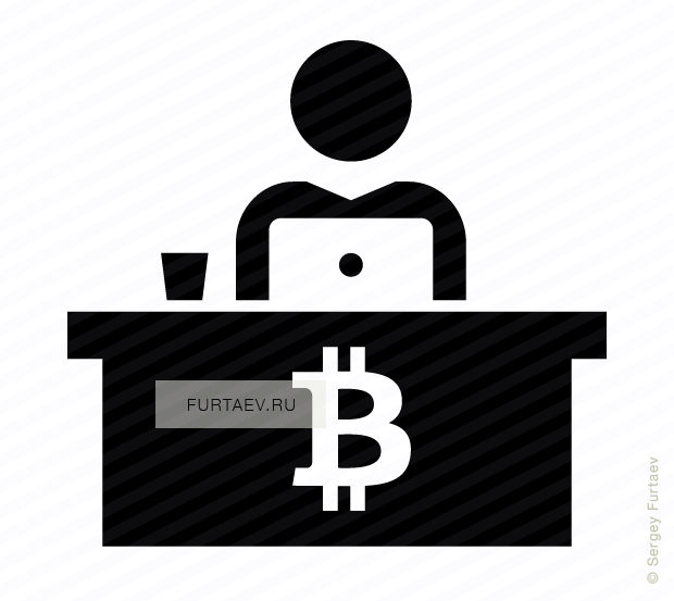 Vector icon of man working on laptop sitting at table with bitcoin sign