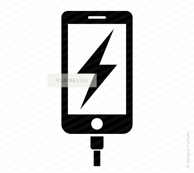 Vector icon of mobile phone with lightning on screen connected to charger via cable