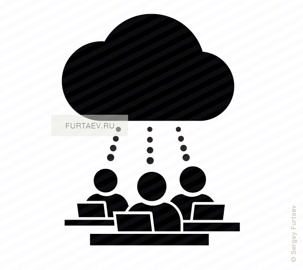 Vector icon of people working on laptops in virtual office sitting at tables under cloud