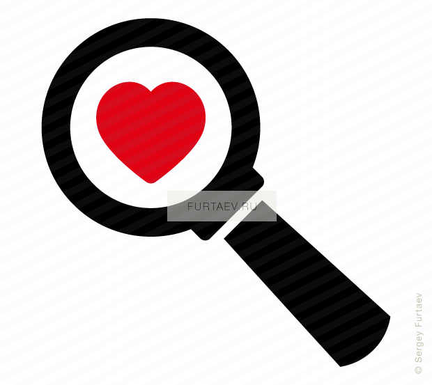 Vector icon of heart under magnifying glass