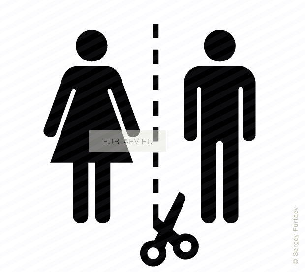 Vector icon of scissors on cutting line between woman and man