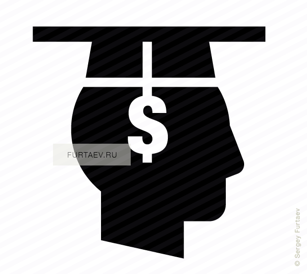 Vector icon of male profile with square academic cap with tassel in shape of dollar sign