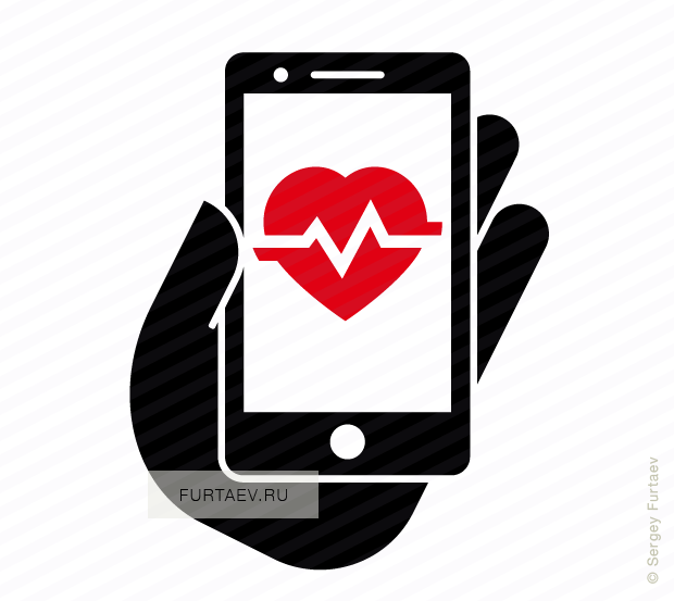 Vector icon of mobile phone in hand with heart beat on screen