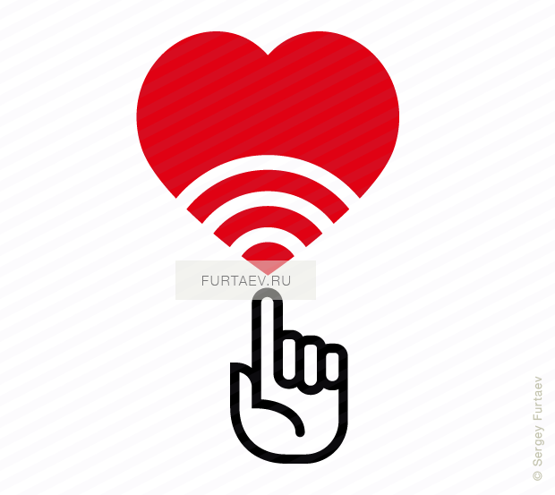 Vector icon of raised index finger under Wi-Fi signal sign inside heart shape