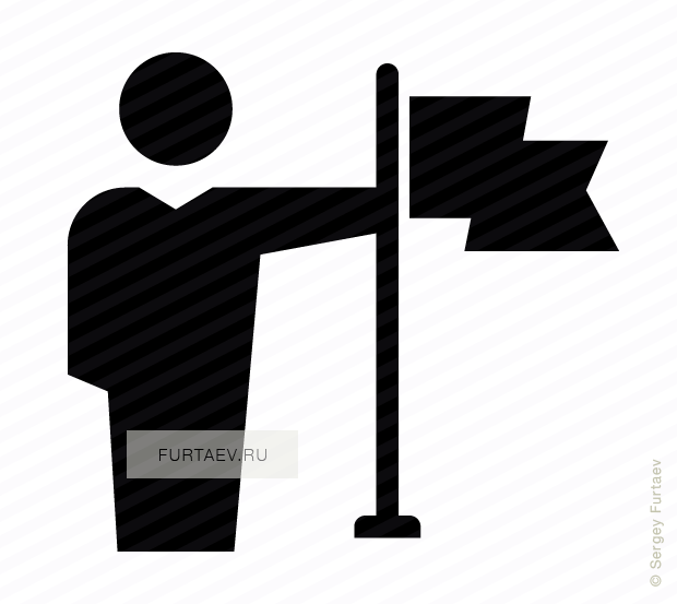 Vector icon of male person holding large fluttering flag in his hand