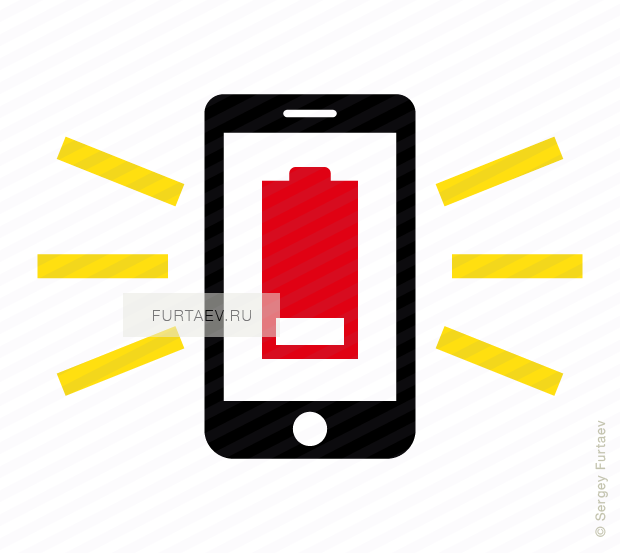 Vector icon of smartphone with battery showing low charge