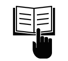 Vector icon of opened handbook under index finger