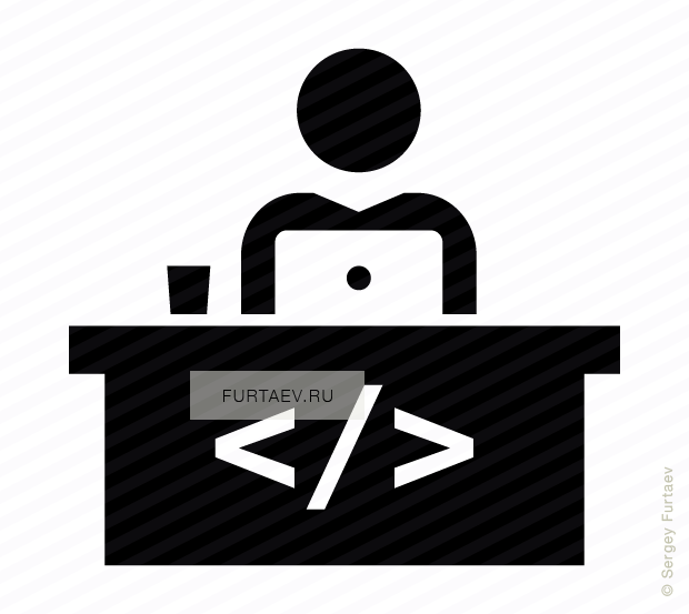 Vector icon of male software developer working on laptop sitting at table with code sign