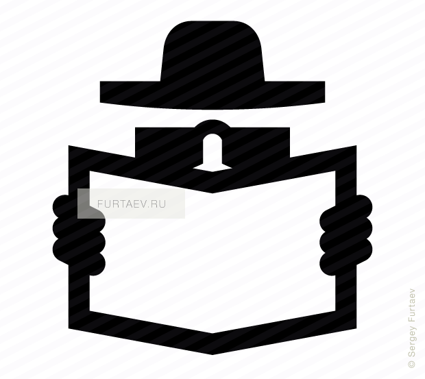 Vector icon of detective in hat and black glasses with newspaper in his hands