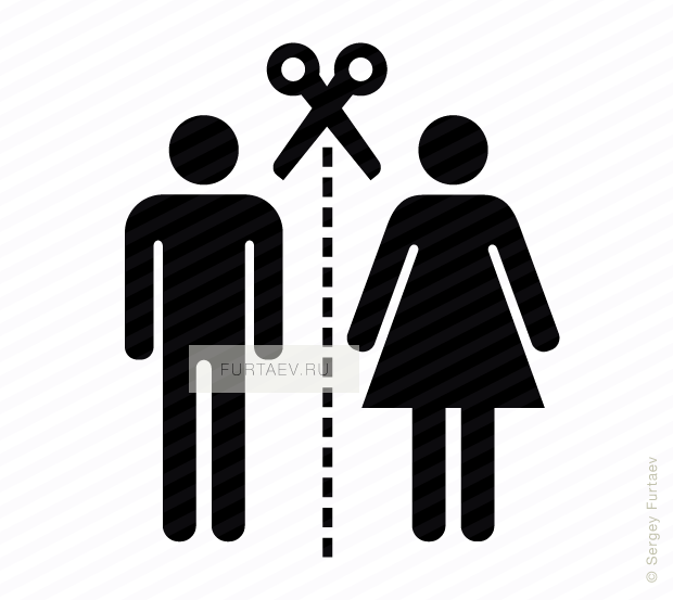 Vector icon of scissors on cutting line between man and woman