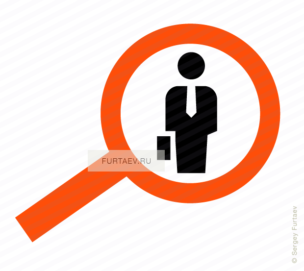 Vector icon of man with tie and briefcase standing under magnifying glass