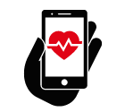 Vector icon of mobile phone in hand with heart beat on screen