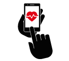 Vector icon of mobile phone in hand with heart beat on screen under index finger