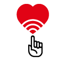 Vector icon of raised index finger under Wi-Fi signal sign inside heart shape