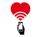 Vector icon of smartphone in hand under Wi-Fi signal sign inside heart shape