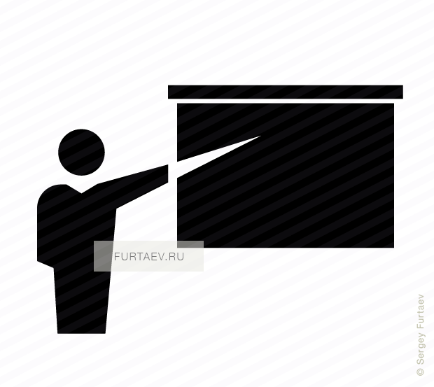 Vector icon of speaker pointing stick presenting slide show on screen