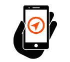 Vector icon of mobile phone in hand with compass arrow on screen