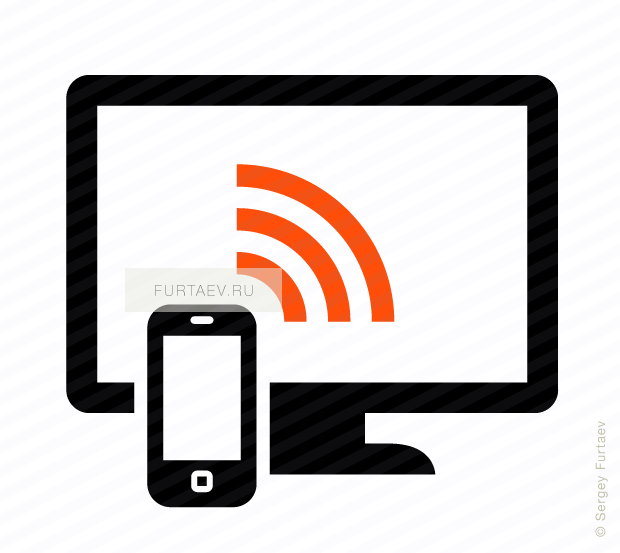 Vector icon of mobile phone connected to computer via Wi-Fi