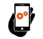 Vector icon of mobile phone in hand with gears on screen