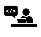 Vector icon of man working on laptop and speech balloon with code symbols