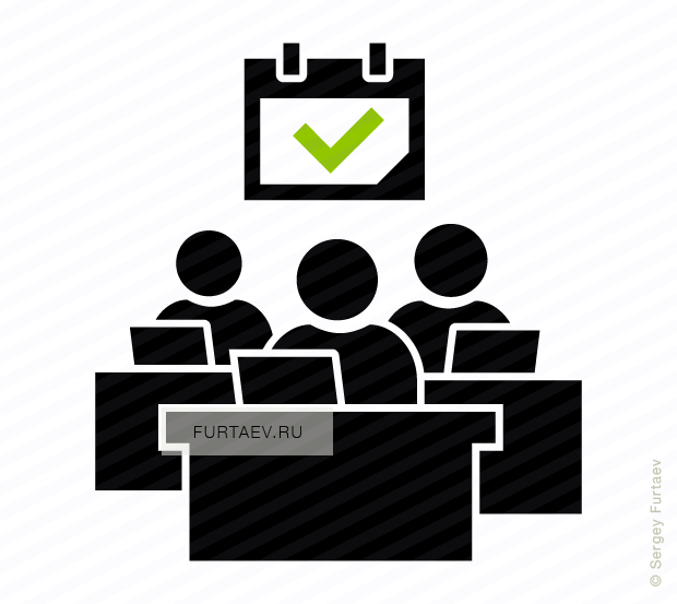 Vector icon of people working on laptops sitting at tables under checked calendar