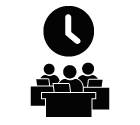 Vector icon of people working on laptops sitting at tables under clock